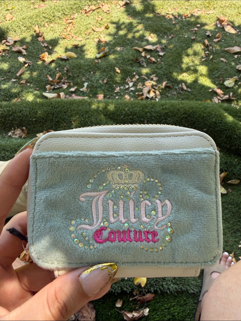 Juicy Couture Mint Plush Coin Wallet with Pink Embroidered Logo